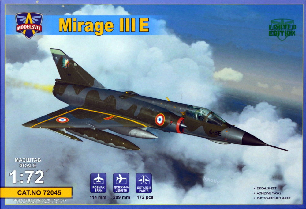 1/72 Mirage IIIE (3x camo, 3 types fuel tanks, PE)