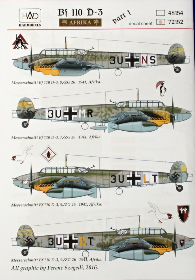 1/72 Decal Bf 110 D-3/E-2 'AFRIKA'  Part 1