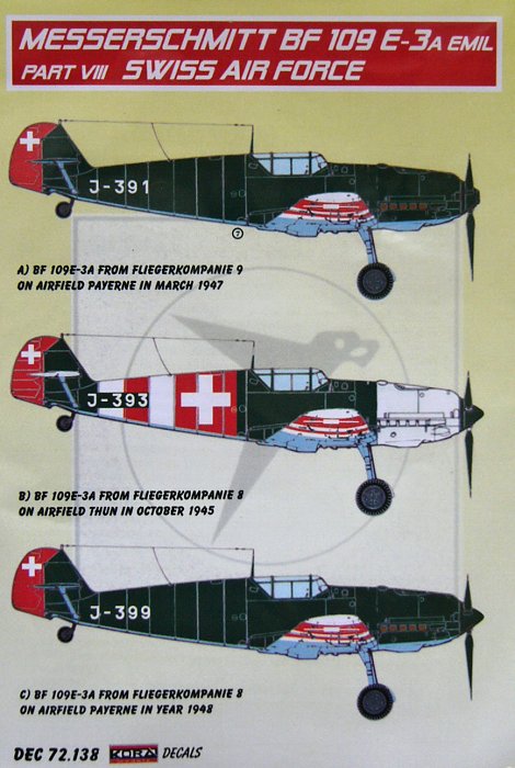 1/72 Decals Bf 109 E-3A Emil Part VIII (Swiss AF)