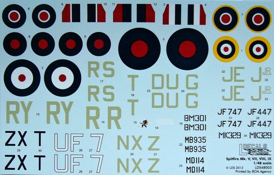 1/48 Decals Spitfire Mk.Vb,VII,VIII,IXe (7x camo)