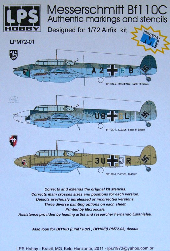 1/72 Bf 110C Decals&Stencils (3x Luftwaffe camo)