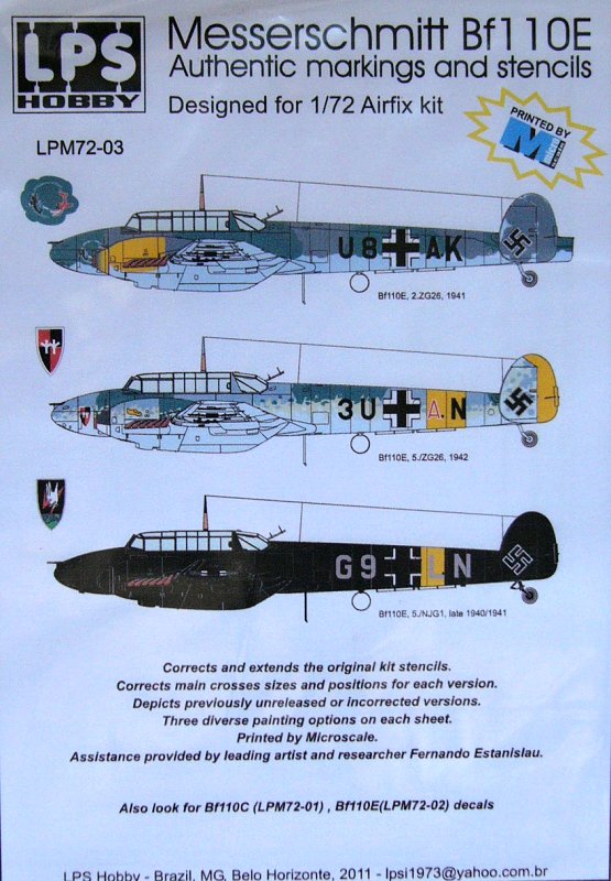 1/72 Bf 110E Decals&Stencils (3x Luftwaffe camo)