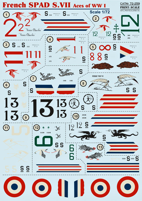 1/72 SPAD S.VII French Aces WWI (wet decals)