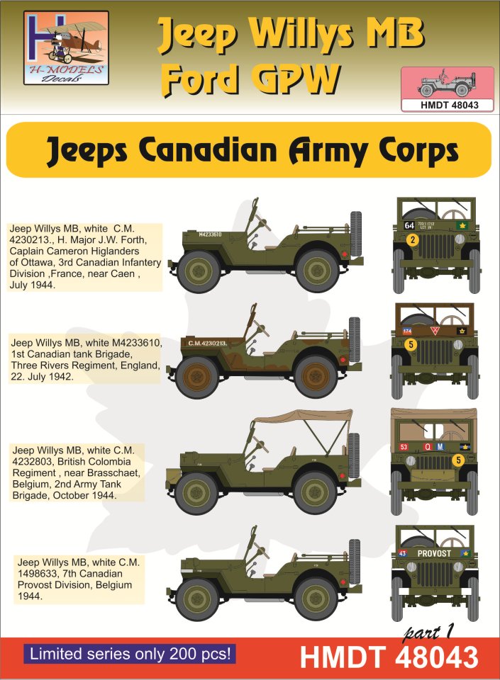 1/48 Decals J.Willys MB/Ford GPW Can.Army Corps 1