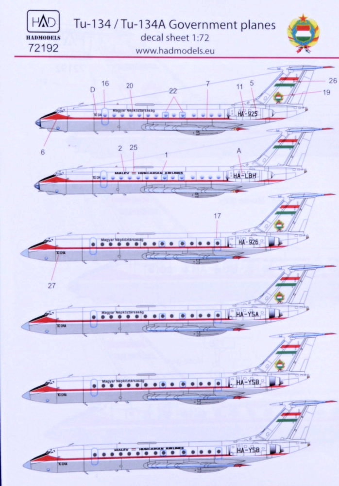 1/72 Decal Tu-134/Tu-134A Government Planes