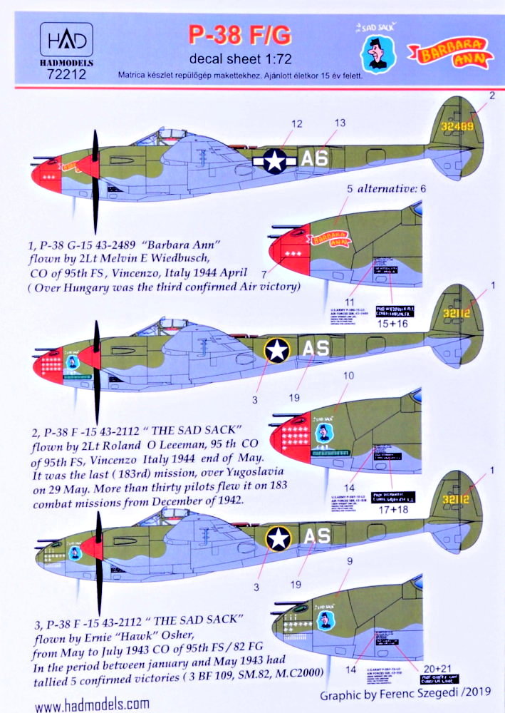 1/72 Decal P-38 F/G above Europe (3x camo)