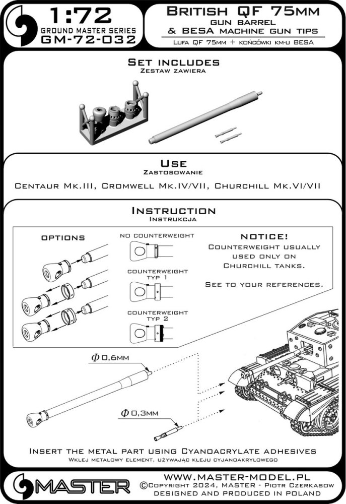 1/72 British QF 75mm gun barrel + Besa MG tips