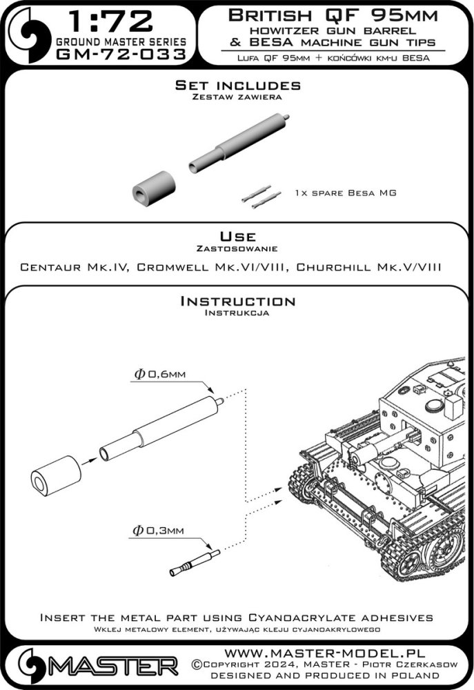 1/72 British QF 95mm howitzer gun barrel + Besa MG